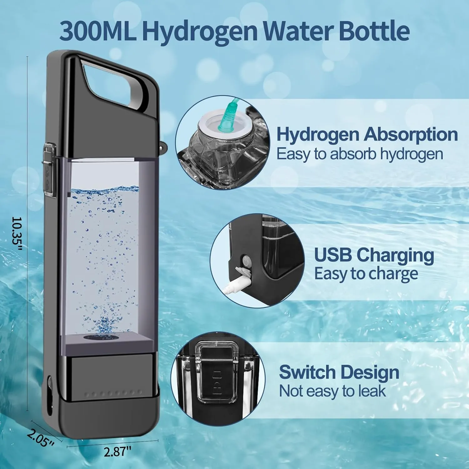 Hydrogen Enriched Water Bottle 2000 PPB Easy-to-Use Hydrogenated Water Generator with SPE/PEM Technology USB Rechargeable, Hydrogen Water Pitcher Replacement for Office Sport Gift Women Men