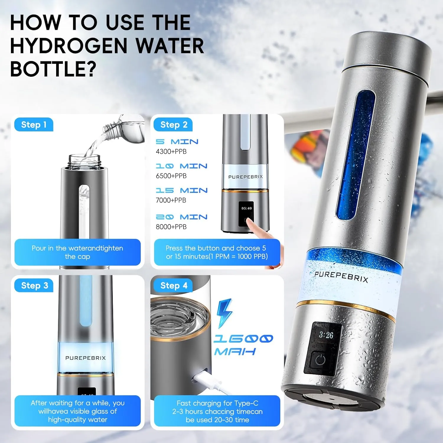 Hydrogen Water Bottle Generator - Certified H2 Generator- Up to 8100 PPB | -Portable Alkaline Water Pitcher | 3 Hydrogen Modes| Platinum-Iridium Catalyst | Healthy Gift