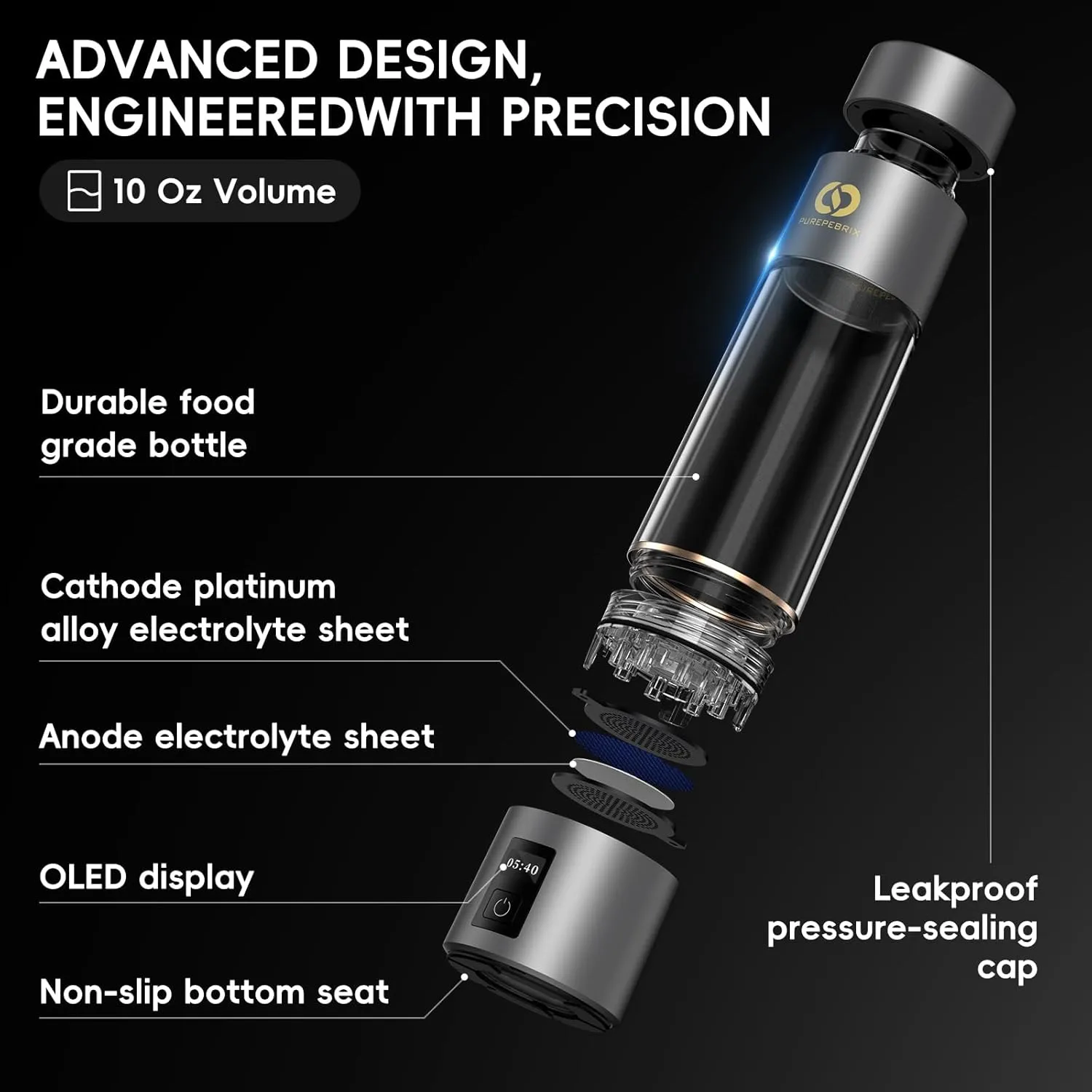 Hydrogen Water Bottle Generator(Grey) - Up to 6360 PPB - Certified H2 Generator- SPE/PEM Technology - - Portable Hydration & Healthy Gift