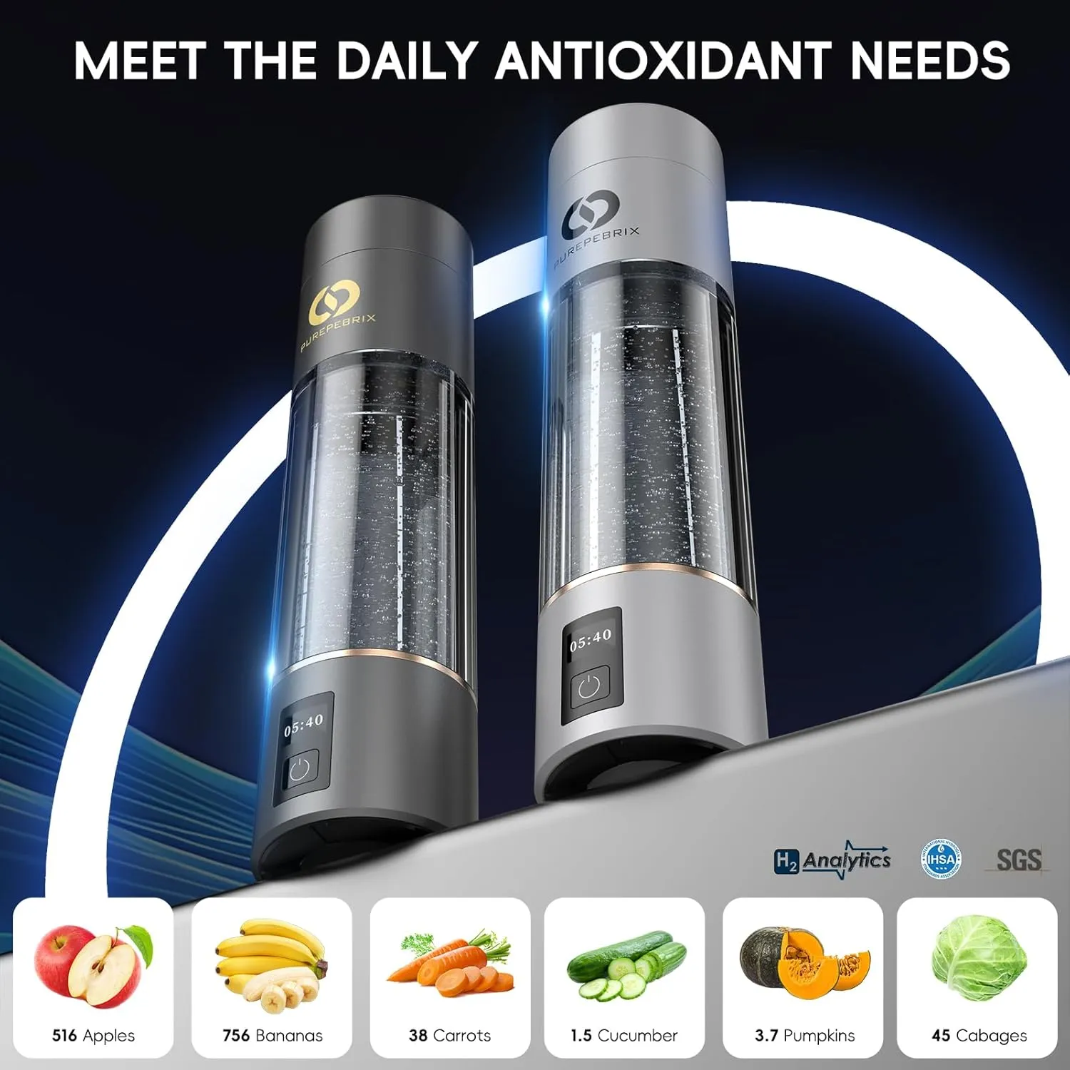 Hydrogen Water Bottle Generator(Grey) - Up to 6360 PPB - Certified H2 Generator- SPE/PEM Technology - - Portable Hydration & Healthy Gift