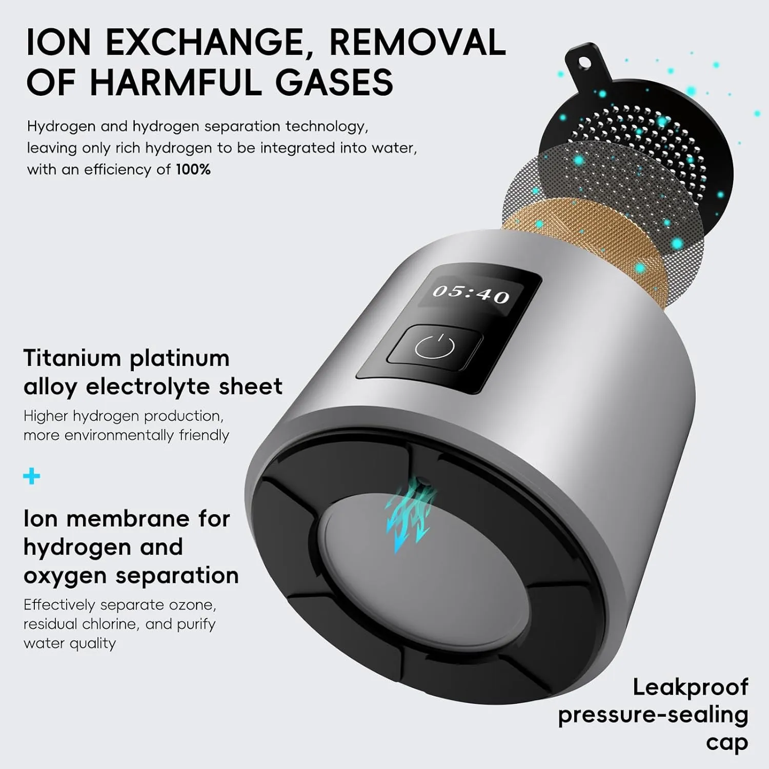 Hydrogen Water Bottle Generator(Grey) - Up to 6360 PPB - Certified H2 Generator- SPE/PEM Technology - - Portable Hydration & Healthy Gift