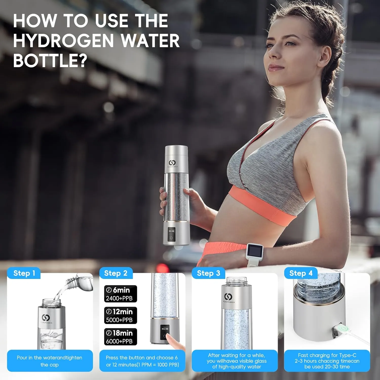 Hydrogen Water Bottle Generator(Grey) - Up to 6360 PPB - Certified H2 Generator- SPE/PEM Technology - - Portable Hydration & Healthy Gift