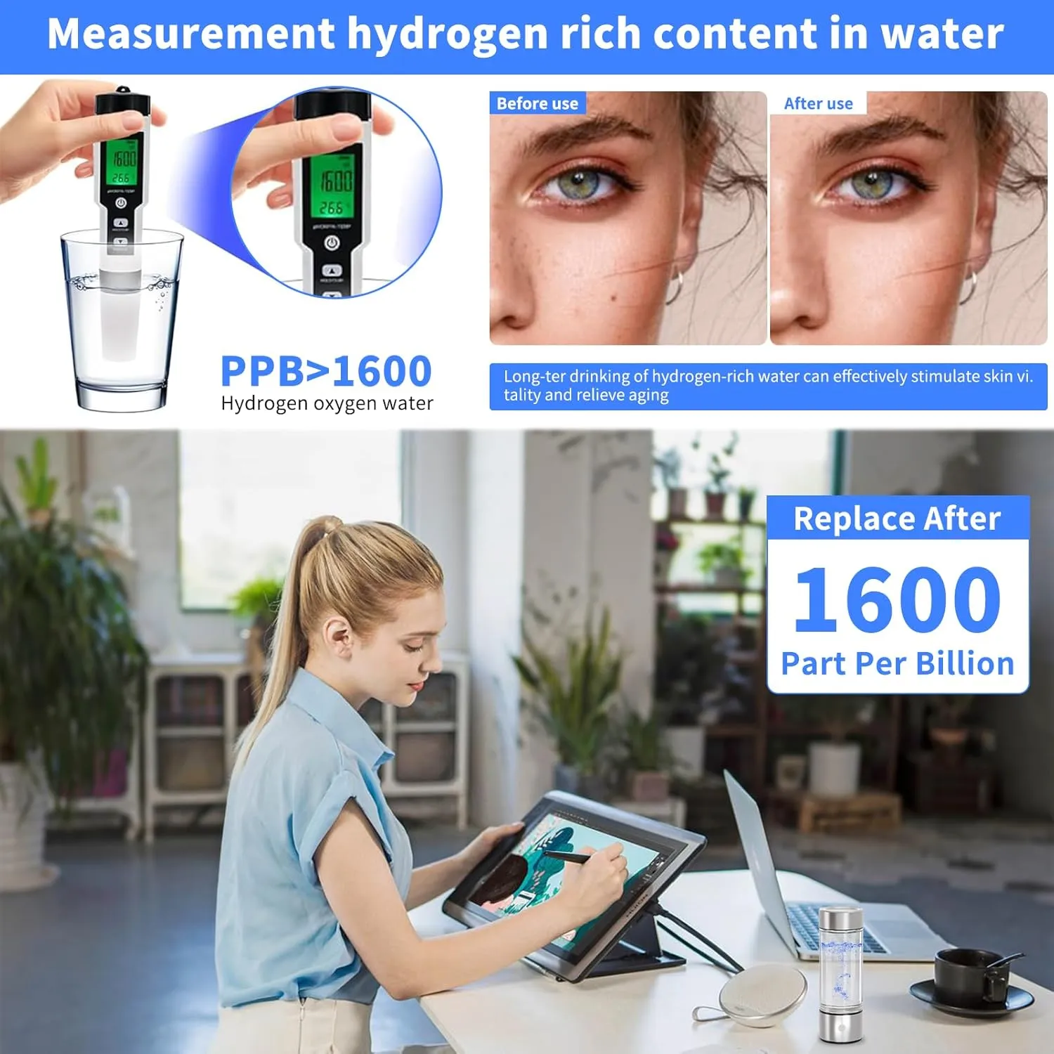 Hydrogen Water Bottle,Hydrogen Water Bottle Generator with SPE and PEM Technology,3Min Quick Electrolysis,Hydrogen Water Ionizer Glass Health Cup Suitable for Travel,Exercise,Home,Gift for Love(Black)