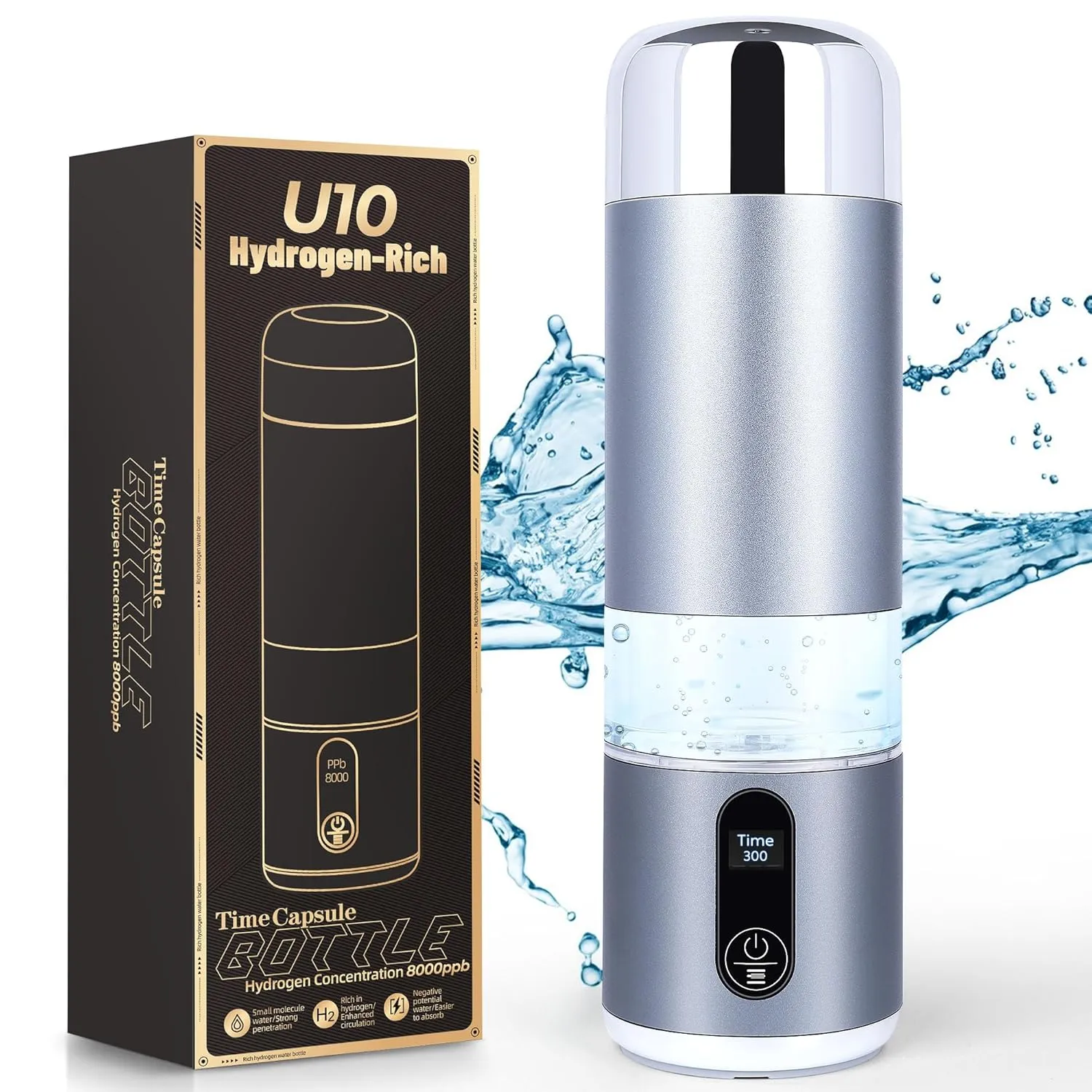 Hydrogen Water Bottle,Up to 6000 PPB,Advanced SPE/PEM Technology Generator,8oz Rechargeable Portable Bottle with LED Display