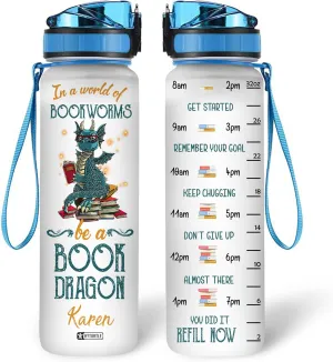 Hyturtle In A World Of Bookworms Be A Book Dragon 32oz Liter Motivational Water Bottle, Customized Name Tracking Water Bottle Gifts For Women, Girls, Reading Lovers, Dragon Lovers On Birthday