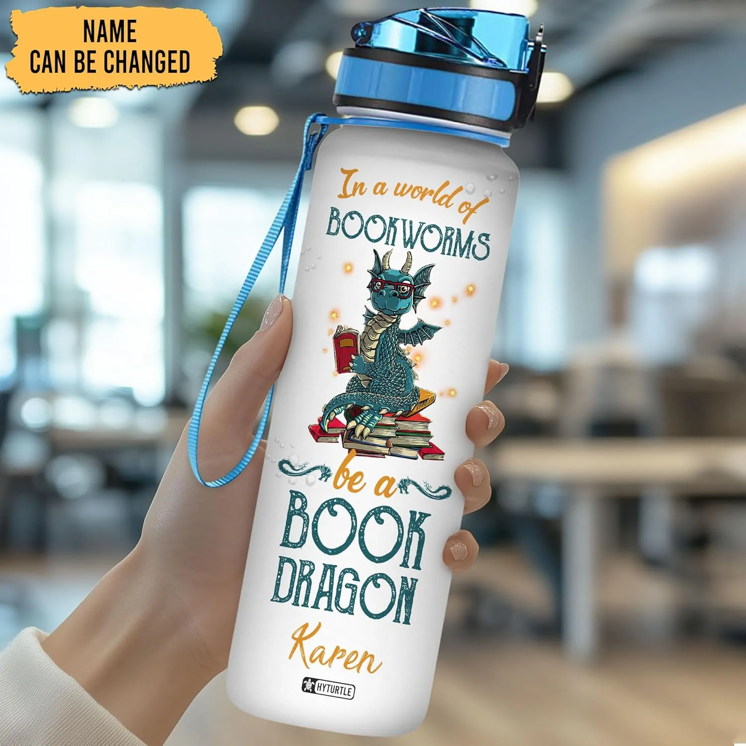 Hyturtle In A World Of Bookworms Be A Book Dragon 32oz Liter Motivational Water Bottle, Customized Name Tracking Water Bottle Gifts For Women, Girls, Reading Lovers, Dragon Lovers On Birthday