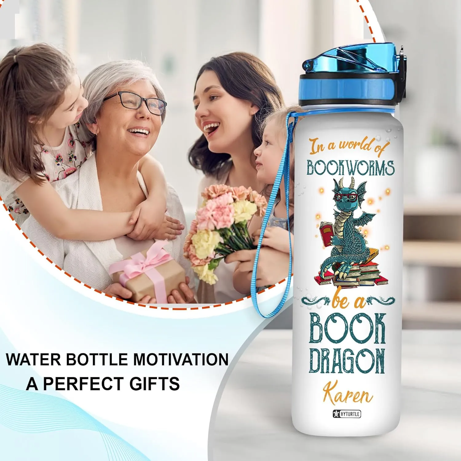 Hyturtle In A World Of Bookworms Be A Book Dragon 32oz Liter Motivational Water Bottle, Customized Name Tracking Water Bottle Gifts For Women, Girls, Reading Lovers, Dragon Lovers On Birthday