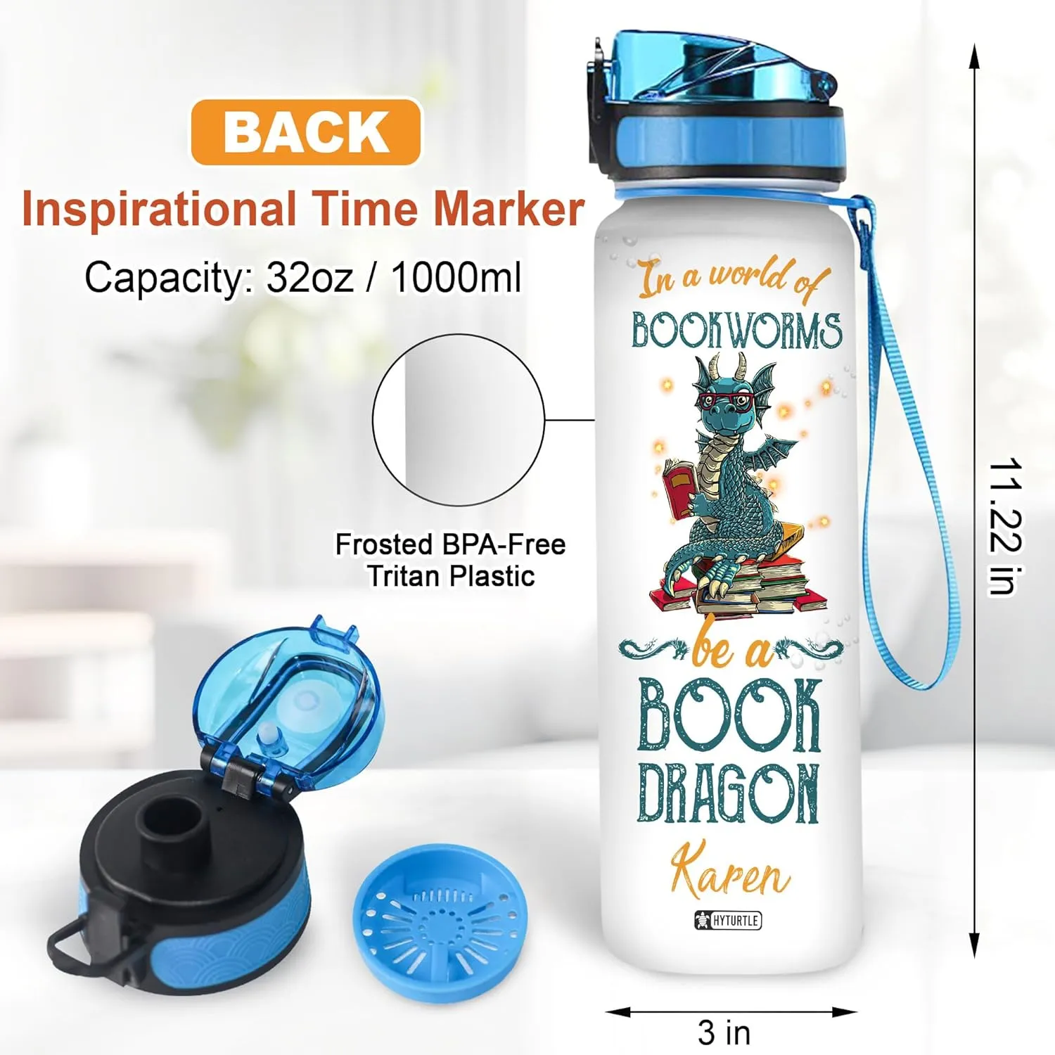 Hyturtle In A World Of Bookworms Be A Book Dragon 32oz Liter Motivational Water Bottle, Customized Name Tracking Water Bottle Gifts For Women, Girls, Reading Lovers, Dragon Lovers On Birthday