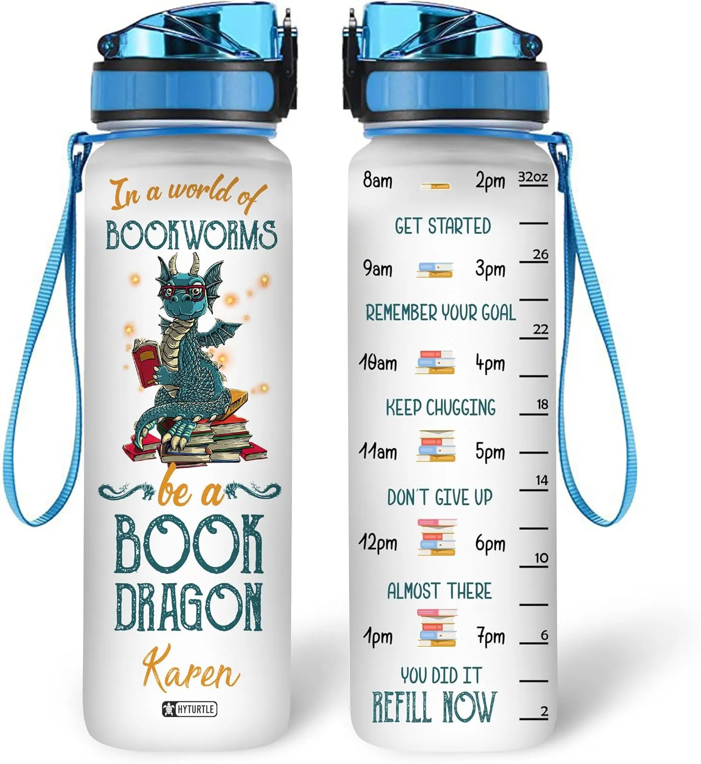 Hyturtle In A World Of Bookworms Be A Book Dragon 32oz Liter Motivational Water Bottle, Customized Name Tracking Water Bottle Gifts For Women, Girls, Reading Lovers, Dragon Lovers On Birthday