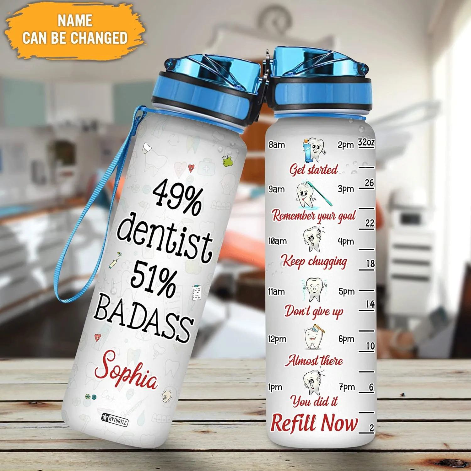 Hyturtle Personalized 49% Dentist 51% Badass 32Oz Liter Motivational Water Bottle, Customized Name With Time Marker, Gifts For Women Men Dentist, Dental Staff, Hygienist, Dental Assistant On Birthday