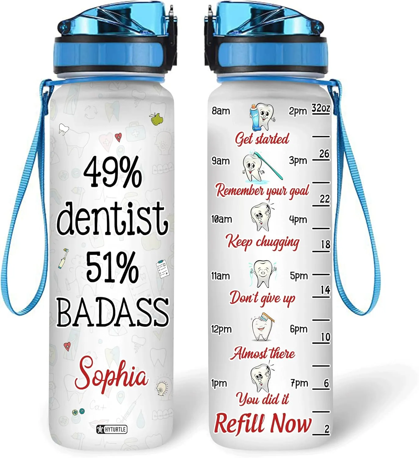 Hyturtle Personalized 49% Dentist 51% Badass 32Oz Liter Motivational Water Bottle, Customized Name With Time Marker, Gifts For Women Men Dentist, Dental Staff, Hygienist, Dental Assistant On Birthday