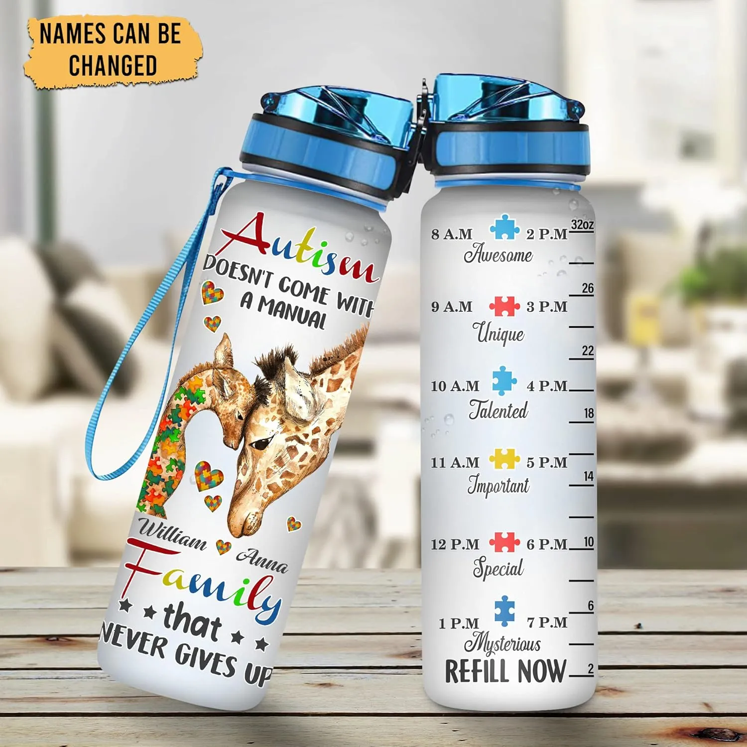 Hyturtle Personalized Autism Doesn't Come With A Manual Giraffe 32Oz Liter Motivational Water Bottle, Customized Water Bottle With Time Marker Support Autism Awareness, Gifts For Women, Mother's Day