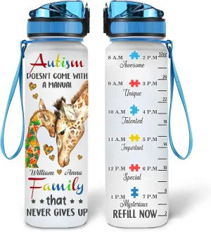 Hyturtle Personalized Autism Doesn't Come With A Manual Giraffe 32Oz Liter Motivational Water Bottle, Customized Water Bottle With Time Marker Support Autism Awareness, Gifts For Women, Mother's Day