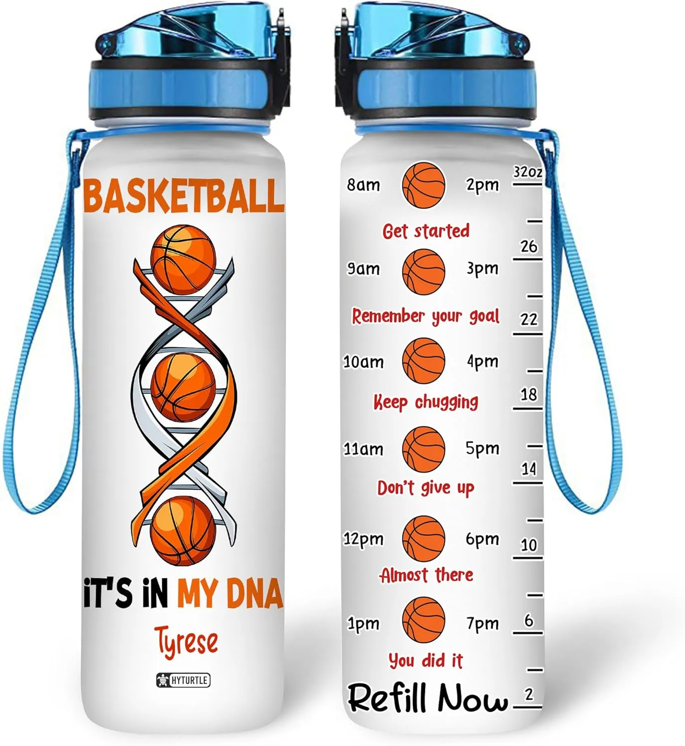 Hyturtle Personalized Basketball It's In My DNA 32Oz Liter Motivational Water Bottle, Customized Name Water Bottle Gifts For Women Men Boys Basketball Lovers On Birthday Mother's Day Father's Day