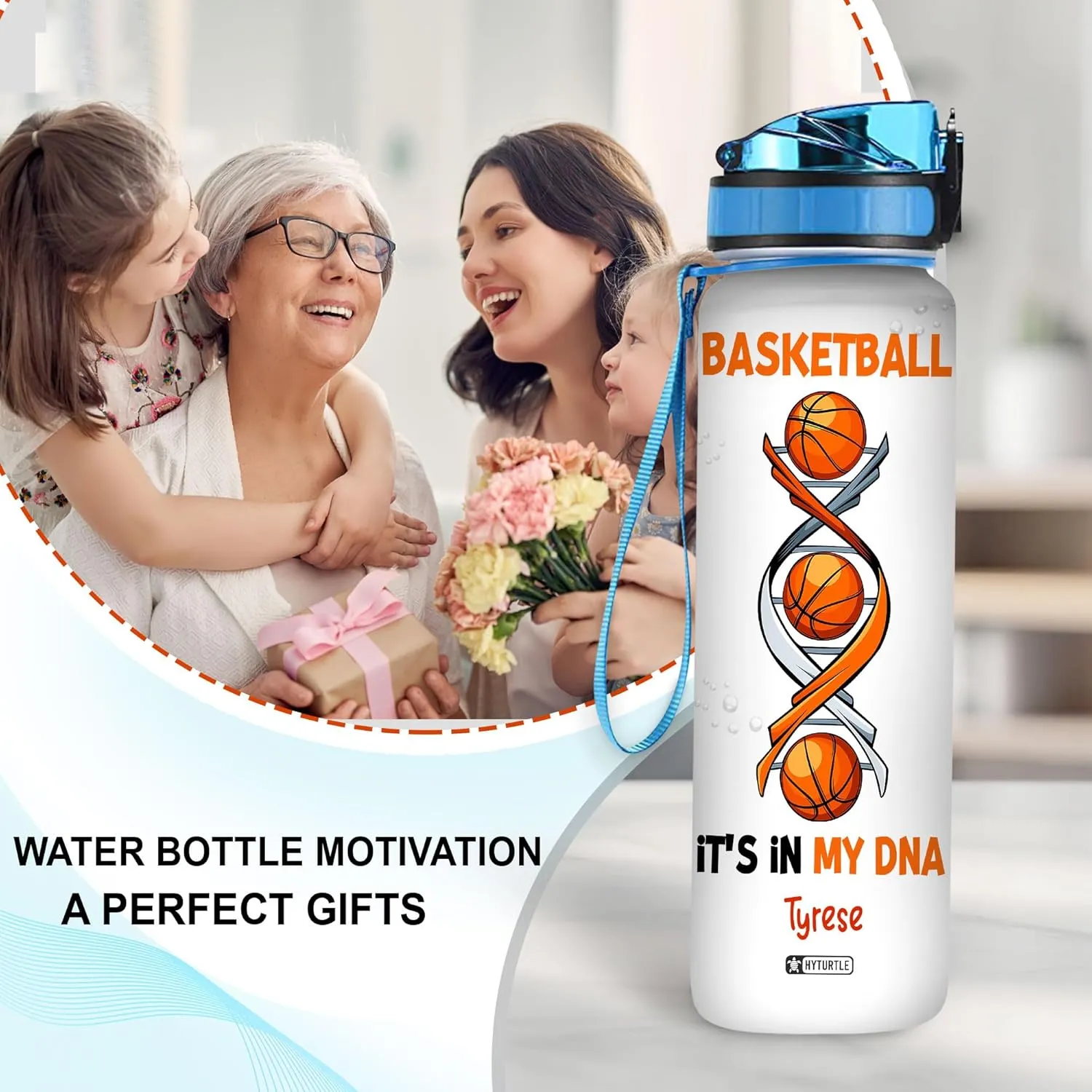 Hyturtle Personalized Basketball It's In My DNA 32Oz Liter Motivational Water Bottle, Customized Name Water Bottle Gifts For Women Men Boys Basketball Lovers On Birthday Mother's Day Father's Day