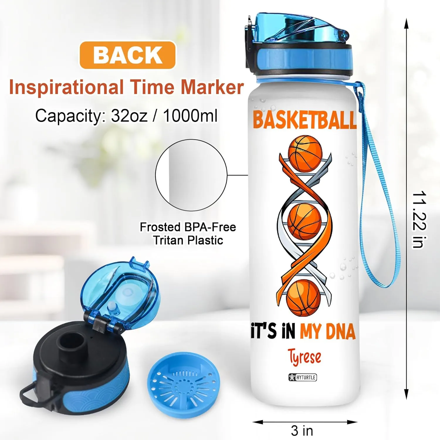 Hyturtle Personalized Basketball It's In My DNA 32Oz Liter Motivational Water Bottle, Customized Name Water Bottle Gifts For Women Men Boys Basketball Lovers On Birthday Mother's Day Father's Day