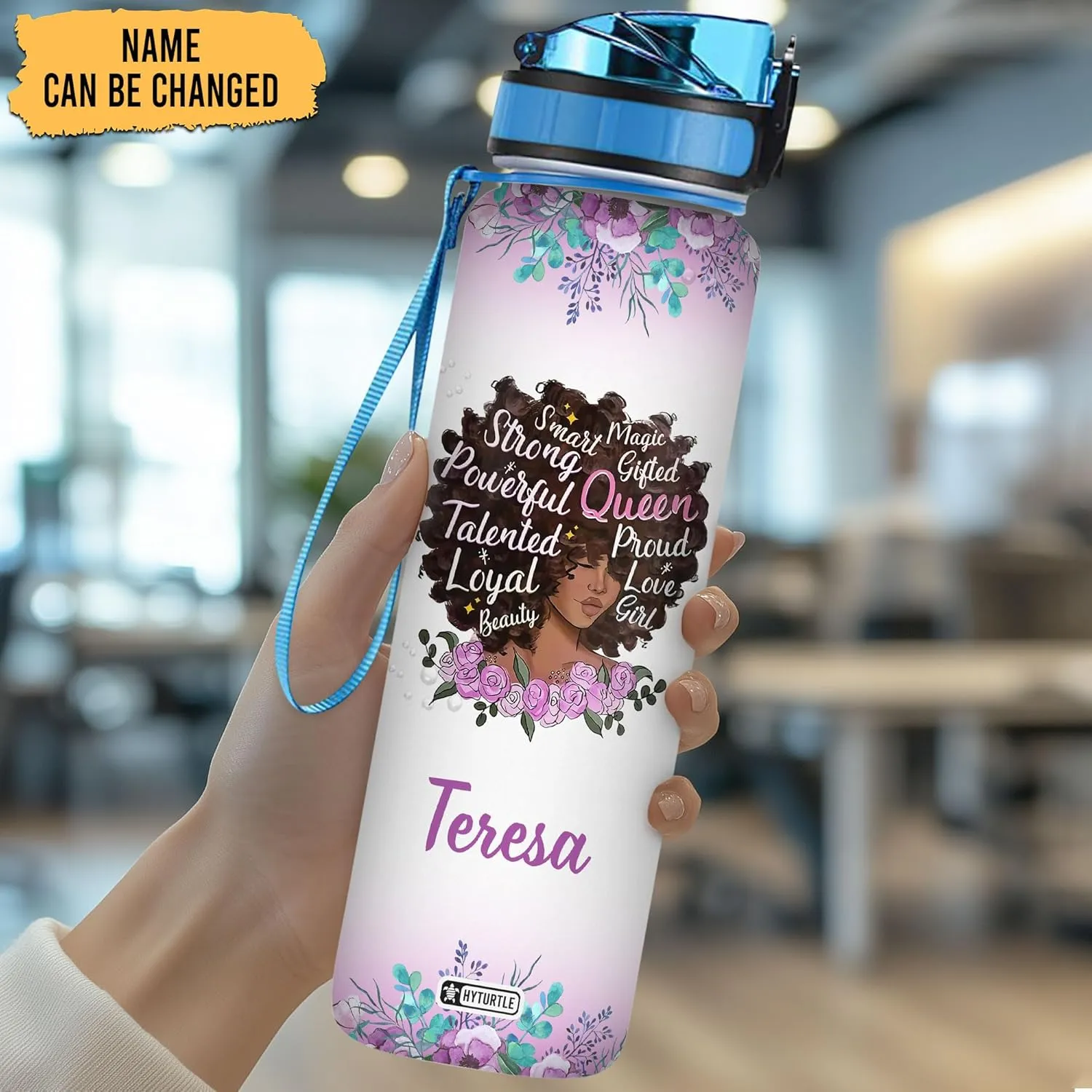 Hyturtle Personalized Black Queen Water Bottle - 32oz Motivational Water Bottle with Leak-Proof Lid & Time Marker - Custom Name Gift for Black Women, Girls - Birthday & Christmas Gift