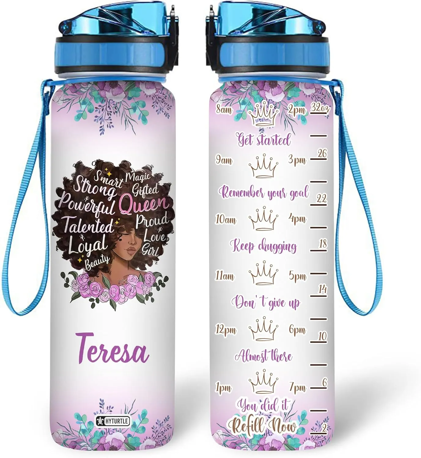 Hyturtle Personalized Black Queen Water Bottle - 32oz Motivational Water Bottle with Leak-Proof Lid & Time Marker - Custom Name Gift for Black Women, Girls - Birthday & Christmas Gift