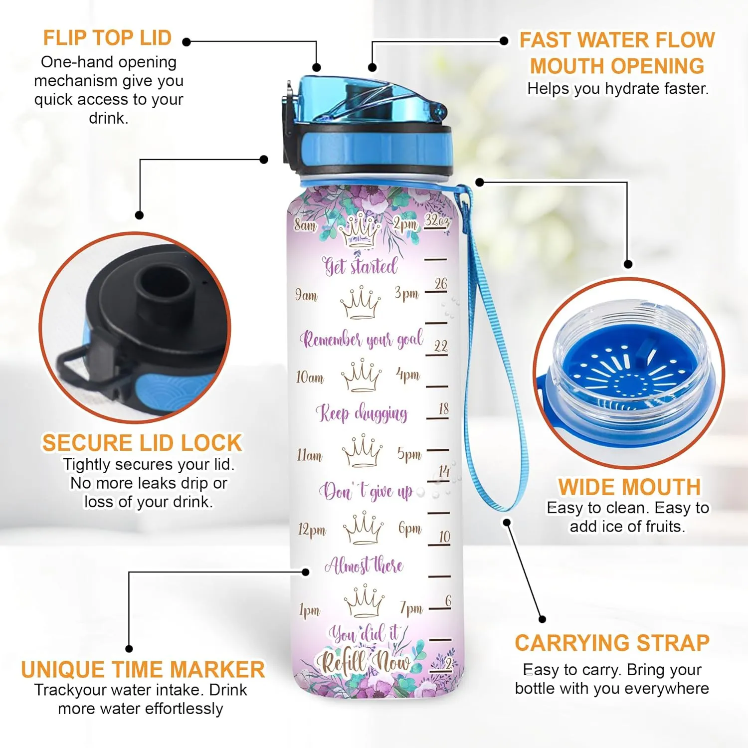 Hyturtle Personalized Black Queen Water Bottle - 32oz Motivational Water Bottle with Leak-Proof Lid & Time Marker - Custom Name Gift for Black Women, Girls - Birthday & Christmas Gift