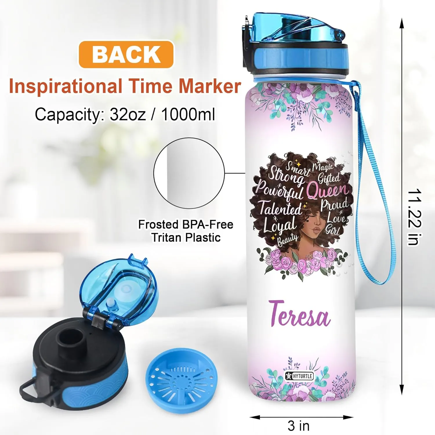 Hyturtle Personalized Black Queen Water Bottle - 32oz Motivational Water Bottle with Leak-Proof Lid & Time Marker - Custom Name Gift for Black Women, Girls - Birthday & Christmas Gift