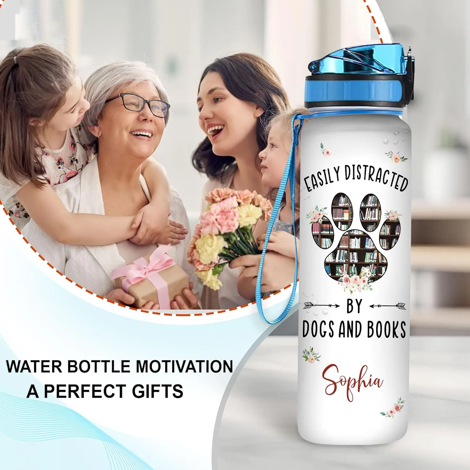 Hyturtle Personalized Book Lovers 32 Oz Liter Motivational Water Bottle, Easily Distracted By Dogs And Books Customized Water Bottle With Time Marker, Reading Lovers Gifts For Women Girl On Birthday
