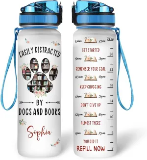 Hyturtle Personalized Book Lovers 32 Oz Liter Motivational Water Bottle, Easily Distracted By Dogs And Books Customized Water Bottle With Time Marker, Reading Lovers Gifts For Women Girl On Birthday