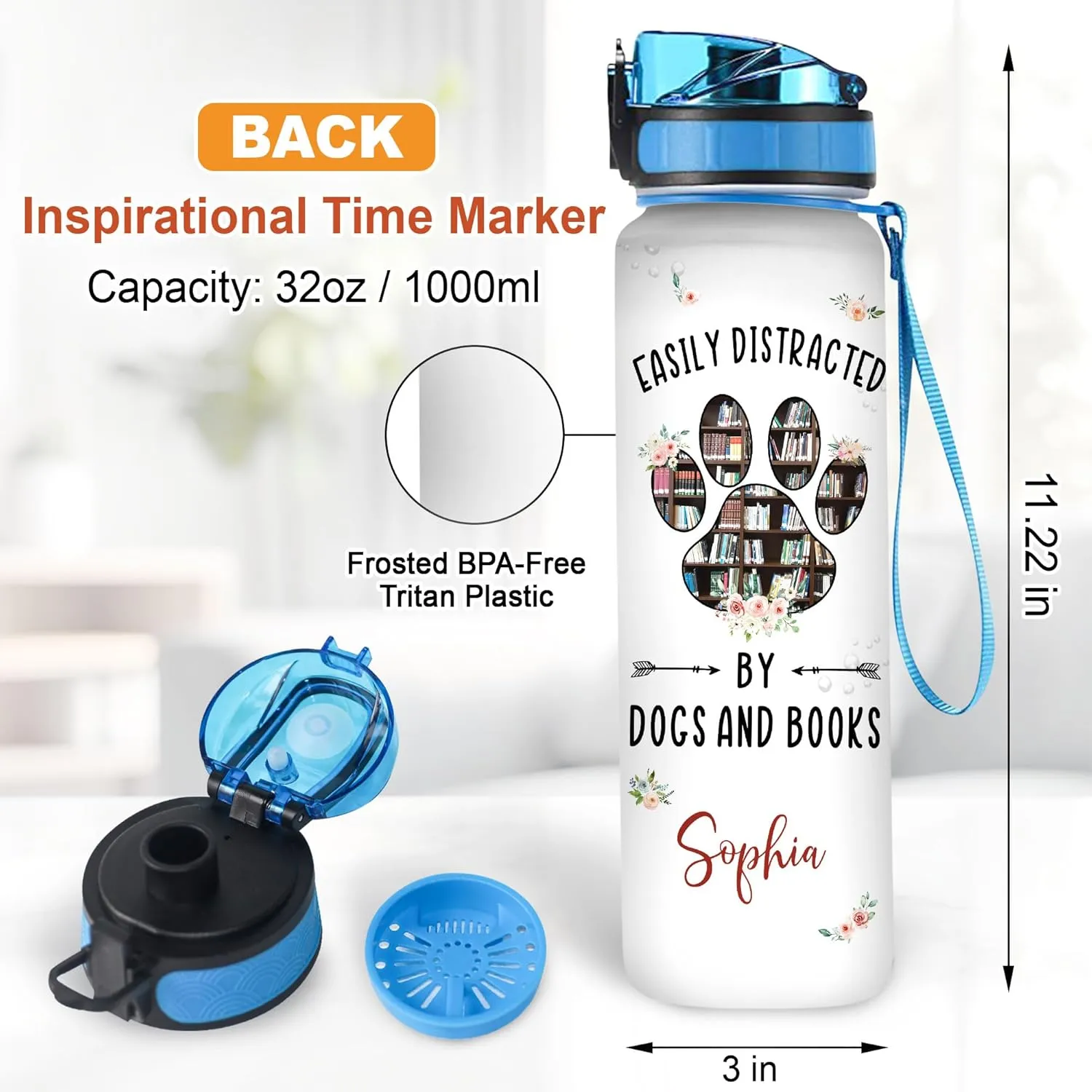 Hyturtle Personalized Book Lovers 32 Oz Liter Motivational Water Bottle, Easily Distracted By Dogs And Books Customized Water Bottle With Time Marker, Reading Lovers Gifts For Women Girl On Birthday
