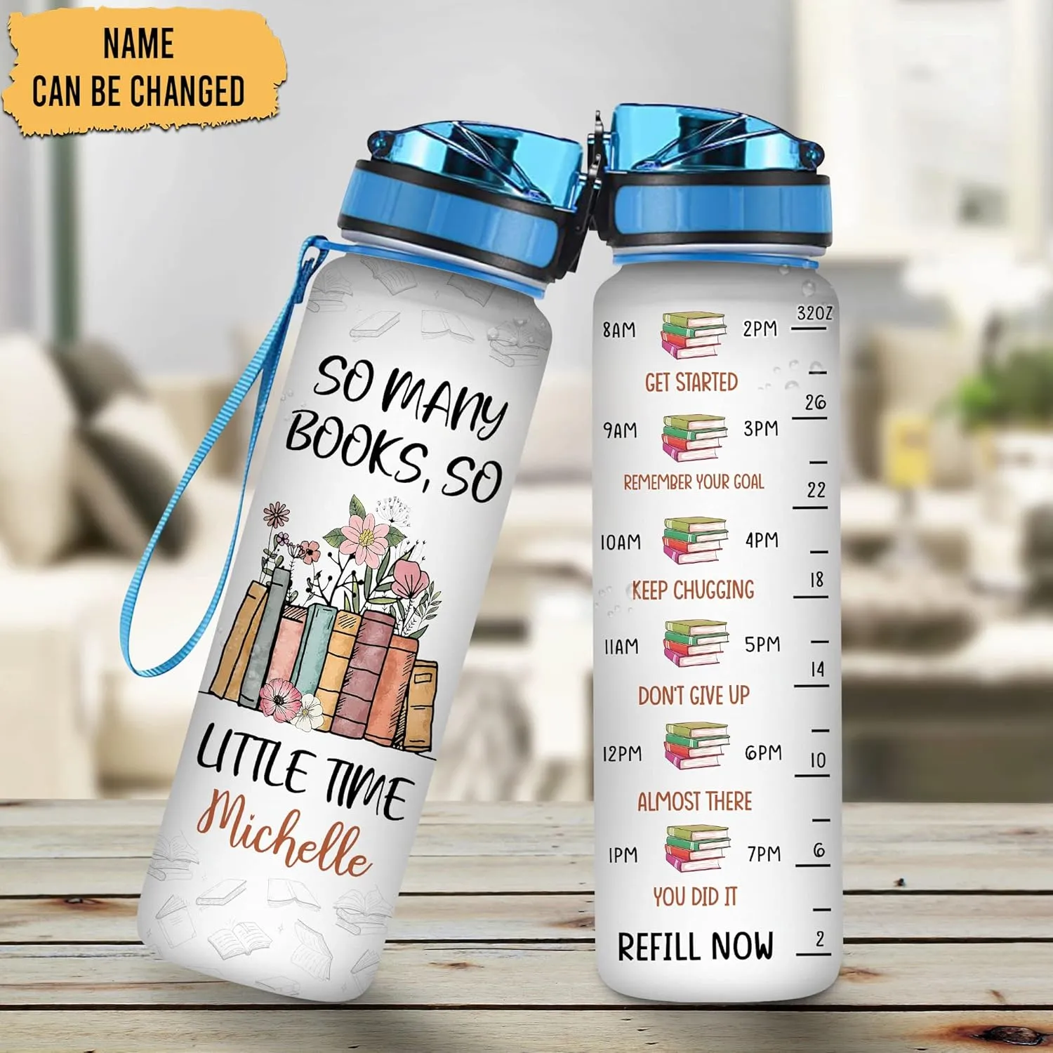 Hyturtle Personalized Book Lovers 32 Oz Liter Motivational Water Bottle, So Many Books So Litte Time Customized Water Bottle With Time Marker, Reading Lovers Gifts For Women Girl On Birthday