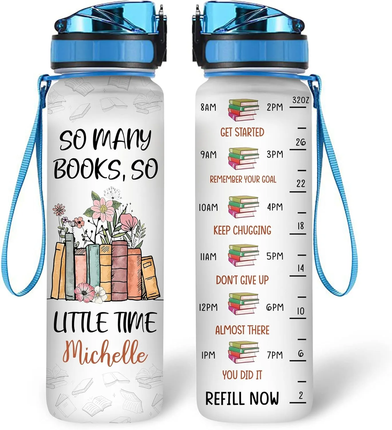 Hyturtle Personalized Book Lovers 32 Oz Liter Motivational Water Bottle, So Many Books So Litte Time Customized Water Bottle With Time Marker, Reading Lovers Gifts For Women Girl On Birthday