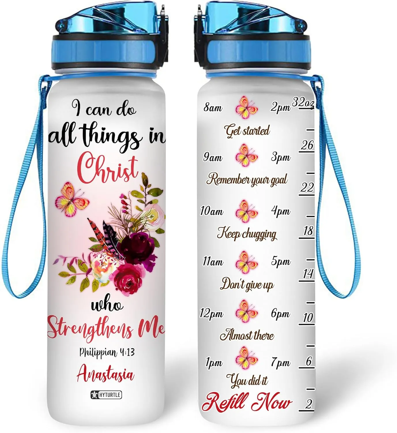 Hyturtle Personalized Butterfly Water Bottle - 32oz Motivational Water Bottle with Leak-Proof Lid Time Marker - Custom Name Gift for Butterfly Christ Lovers Women Girls - Birthday & Christmas Gift