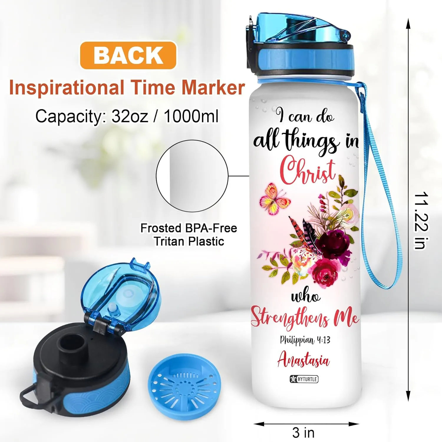 Hyturtle Personalized Butterfly Water Bottle - 32oz Motivational Water Bottle with Leak-Proof Lid Time Marker - Custom Name Gift for Butterfly Christ Lovers Women Girls - Birthday & Christmas Gift
