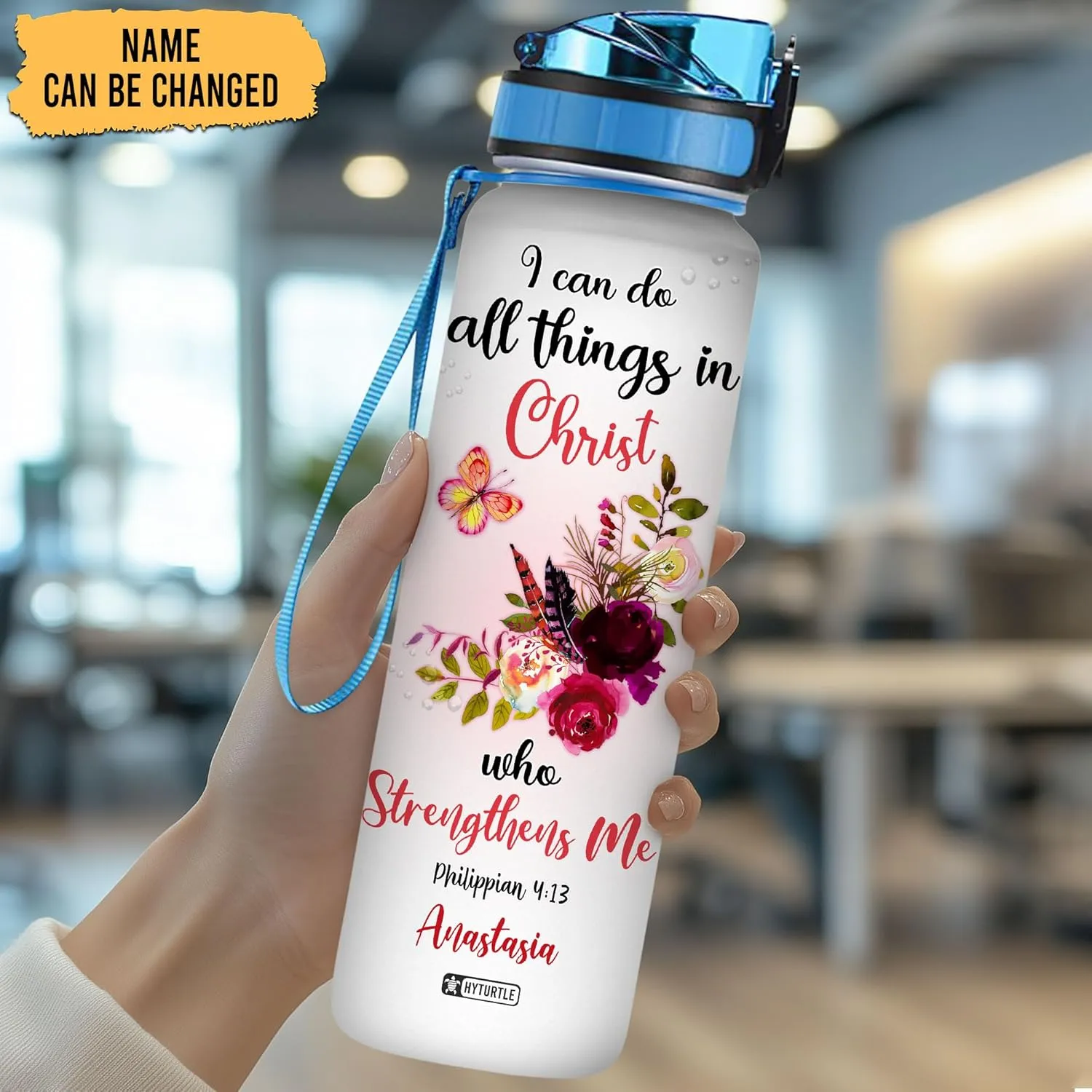 Hyturtle Personalized Butterfly Water Bottle - 32oz Motivational Water Bottle with Leak-Proof Lid Time Marker - Custom Name Gift for Butterfly Christ Lovers Women Girls - Birthday & Christmas Gift