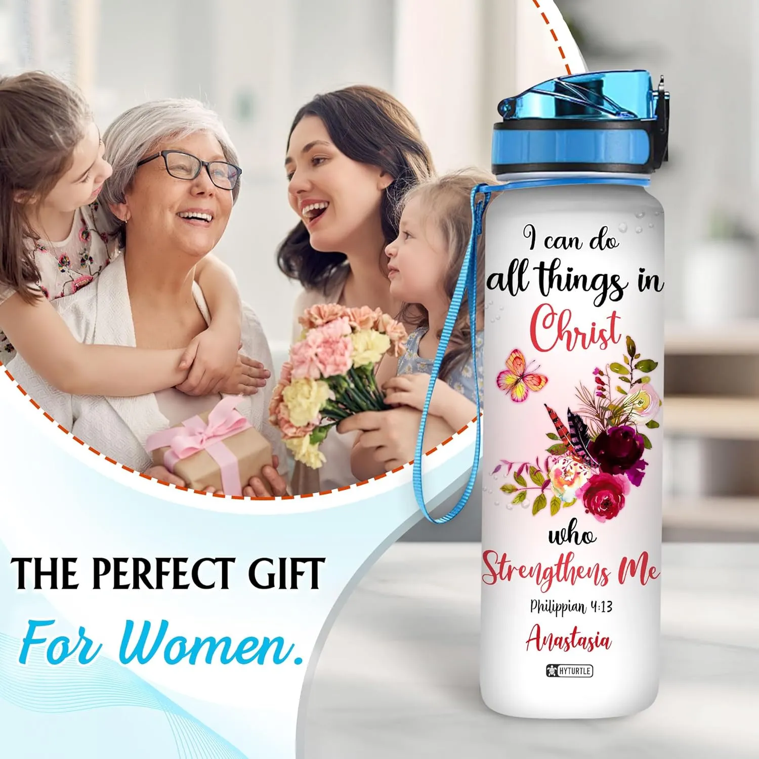 Hyturtle Personalized Butterfly Water Bottle - 32oz Motivational Water Bottle with Leak-Proof Lid Time Marker - Custom Name Gift for Butterfly Christ Lovers Women Girls - Birthday & Christmas Gift