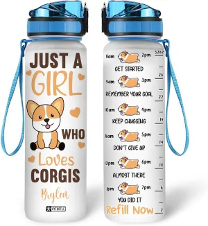 Hyturtle Personalized Corgi Water Bottle - 32oz Motivational Water Bottle with Leak-Proof Lid & Time Marker - Custom Name Gift for Corgi Lovers, Women, Girls, Pet Owners - Birthday & Christmas Gift