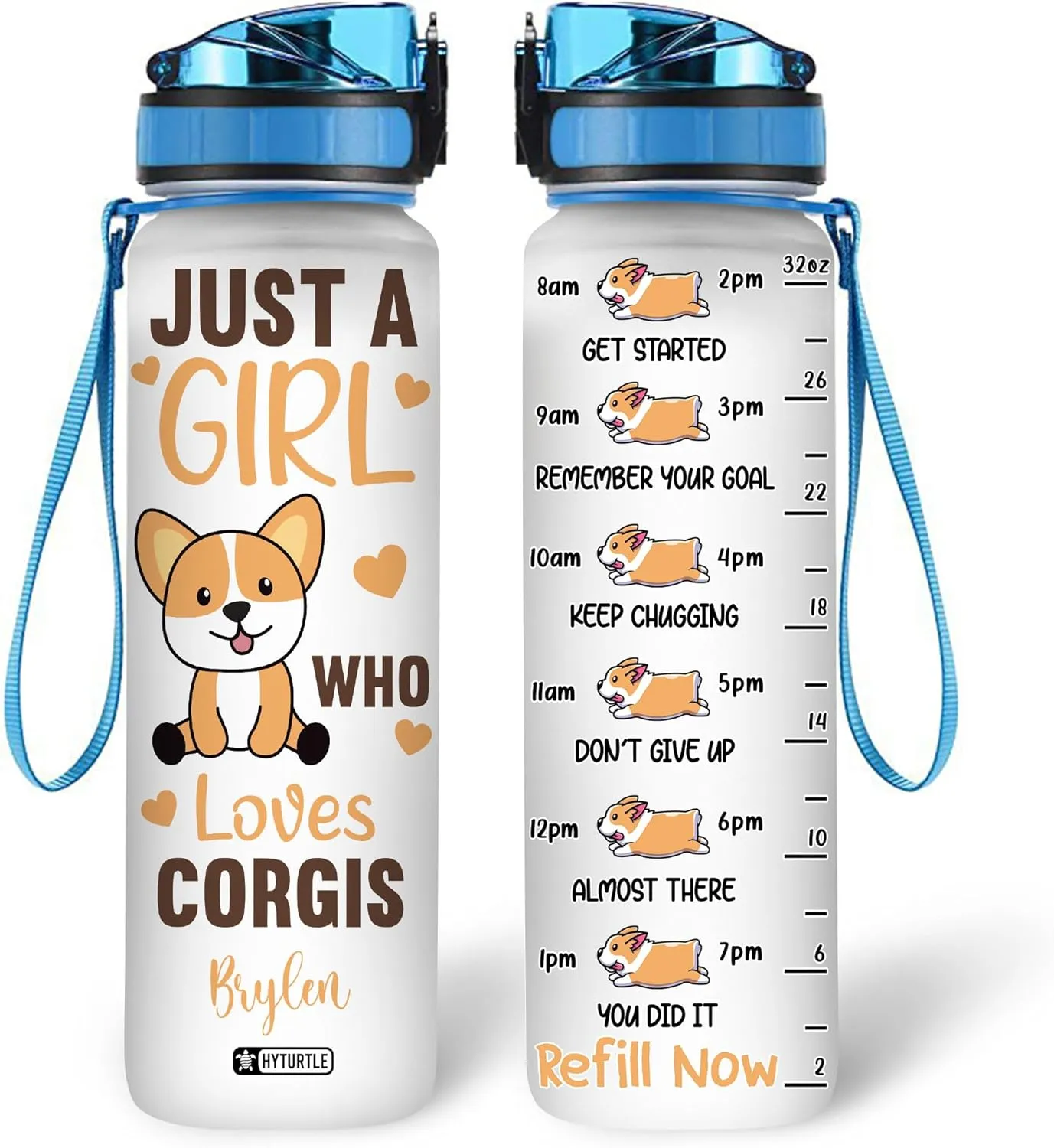 Hyturtle Personalized Corgi Water Bottle - 32oz Motivational Water Bottle with Leak-Proof Lid & Time Marker - Custom Name Gift for Corgi Lovers, Women, Girls, Pet Owners - Birthday & Christmas Gift