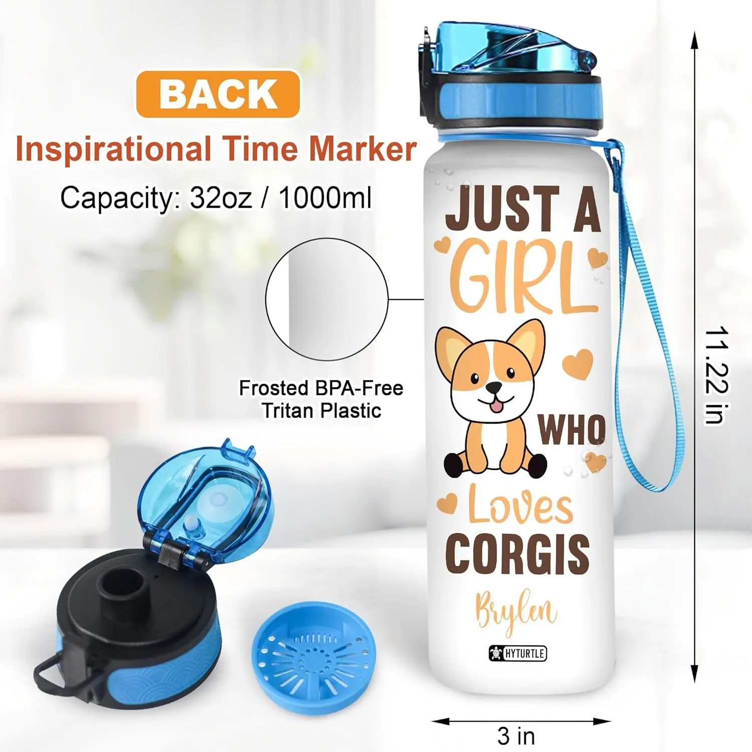 Hyturtle Personalized Corgi Water Bottle - 32oz Motivational Water Bottle with Leak-Proof Lid & Time Marker - Custom Name Gift for Corgi Lovers, Women, Girls, Pet Owners - Birthday & Christmas Gift
