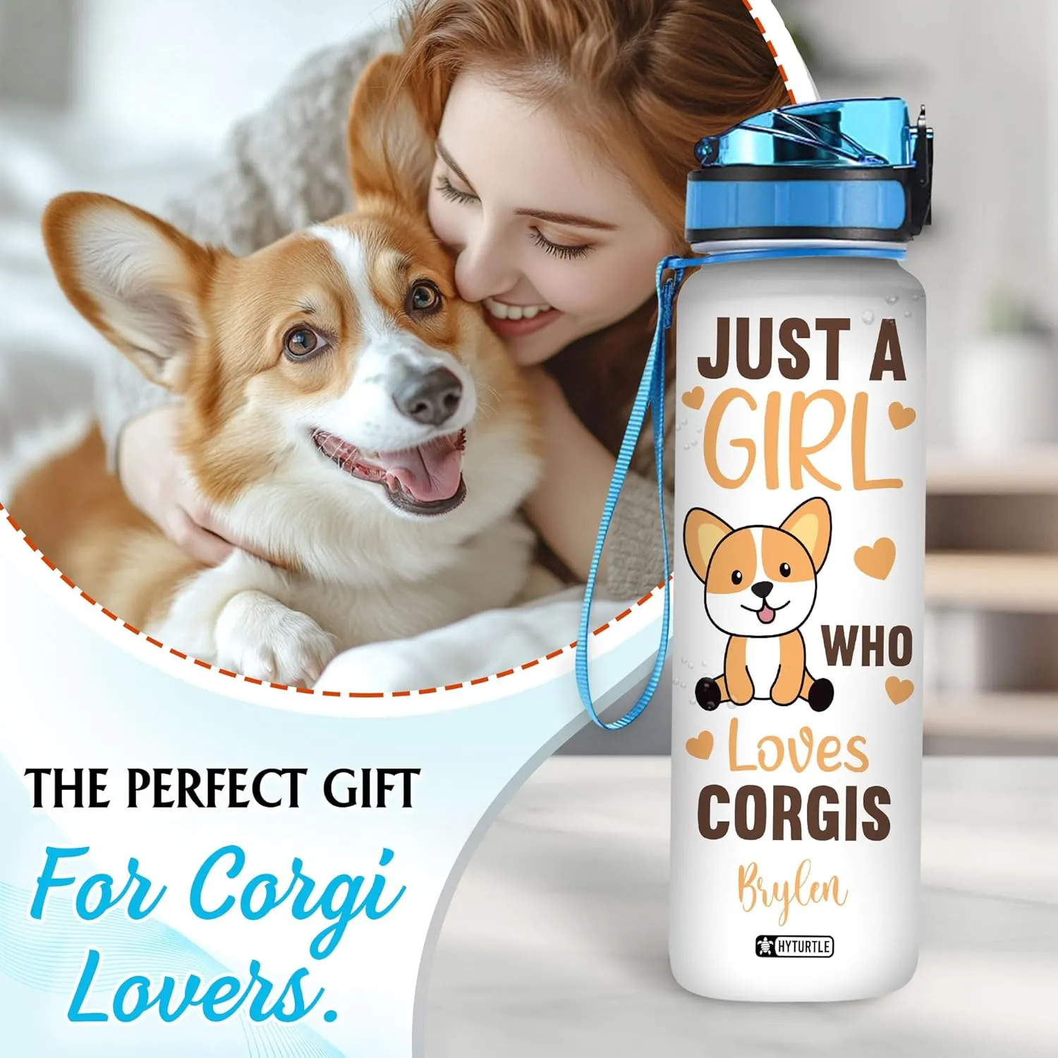 Hyturtle Personalized Corgi Water Bottle - 32oz Motivational Water Bottle with Leak-Proof Lid & Time Marker - Custom Name Gift for Corgi Lovers, Women, Girls, Pet Owners - Birthday & Christmas Gift