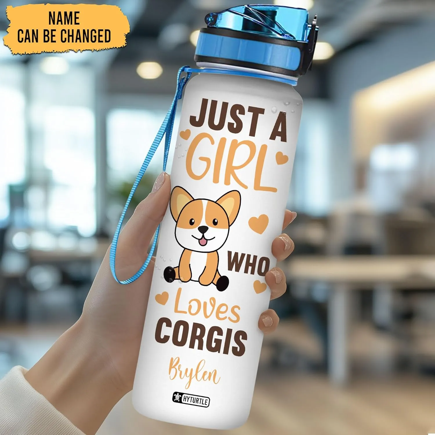 Hyturtle Personalized Corgi Water Bottle - 32oz Motivational Water Bottle with Leak-Proof Lid & Time Marker - Custom Name Gift for Corgi Lovers, Women, Girls, Pet Owners - Birthday & Christmas Gift