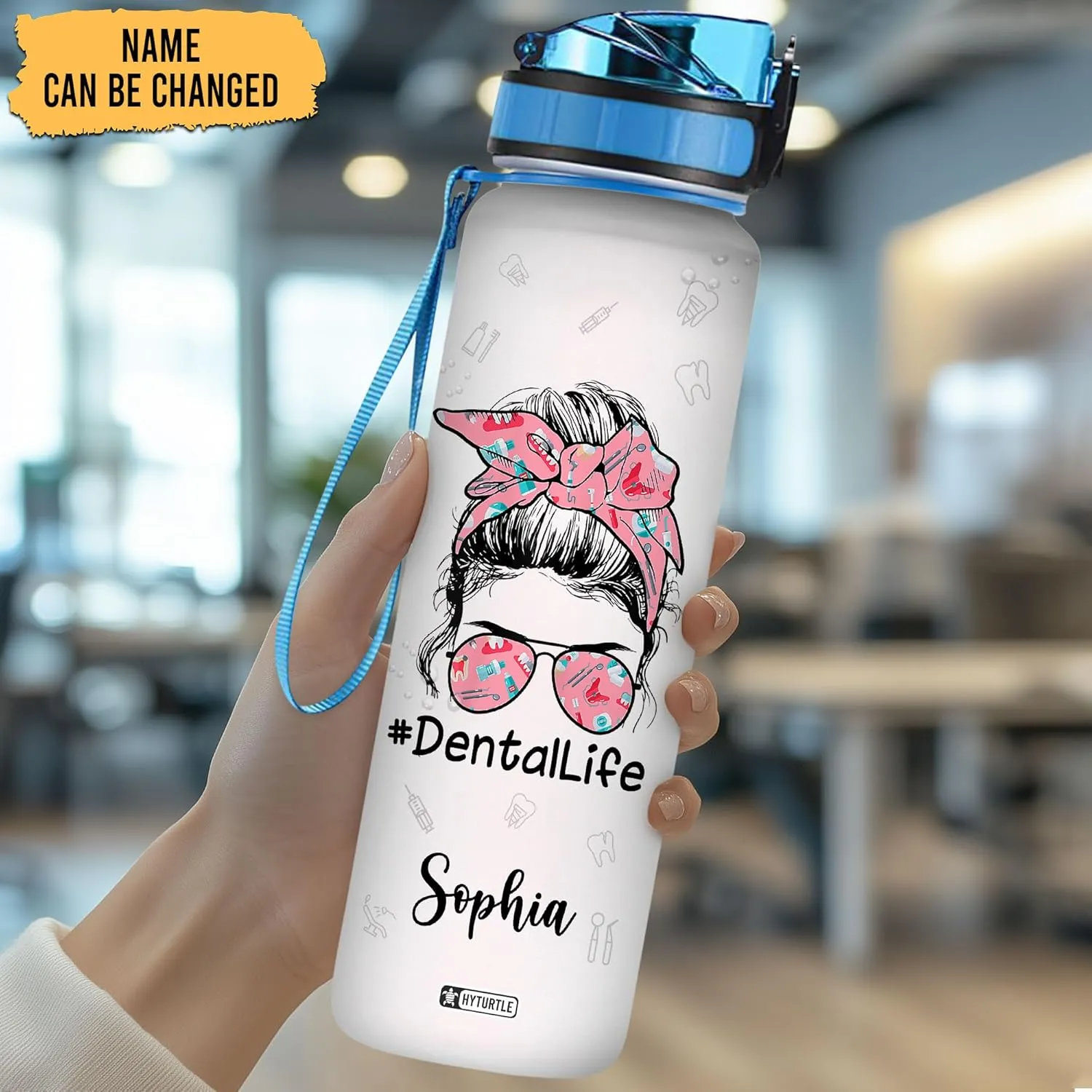 Hyturtle Personalized Dental Life Water Bottle - 32oz Motivational Water Bottle with Leak-Proof Lid Time Marker - Custom Name Gift for Dentists, Dental Assistants Dental Students On Birthday Christmas