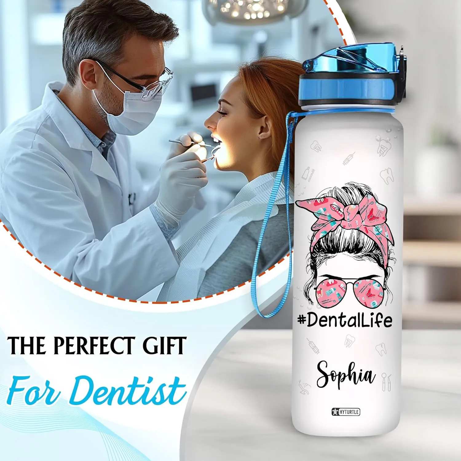 Hyturtle Personalized Dental Life Water Bottle - 32oz Motivational Water Bottle with Leak-Proof Lid Time Marker - Custom Name Gift for Dentists, Dental Assistants Dental Students On Birthday Christmas