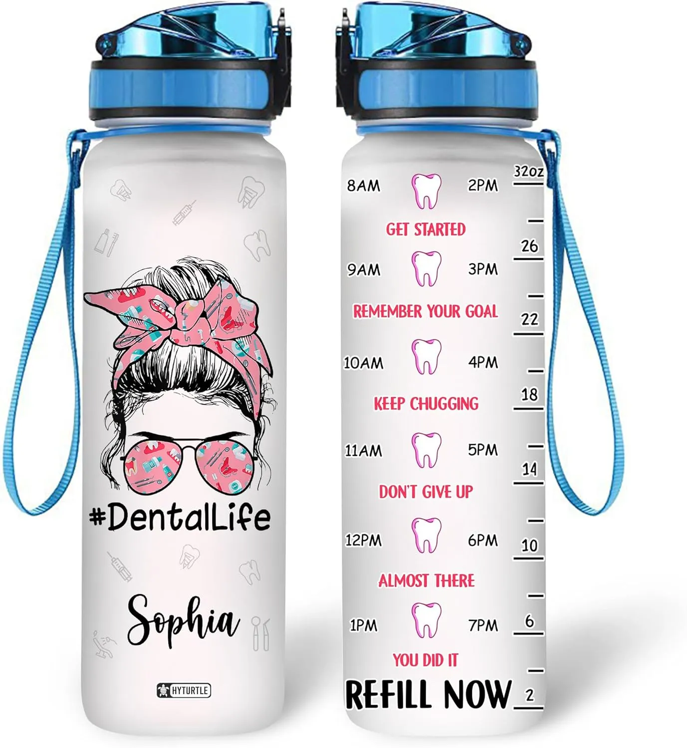 Hyturtle Personalized Dental Life Water Bottle - 32oz Motivational Water Bottle with Leak-Proof Lid Time Marker - Custom Name Gift for Dentists, Dental Assistants Dental Students On Birthday Christmas