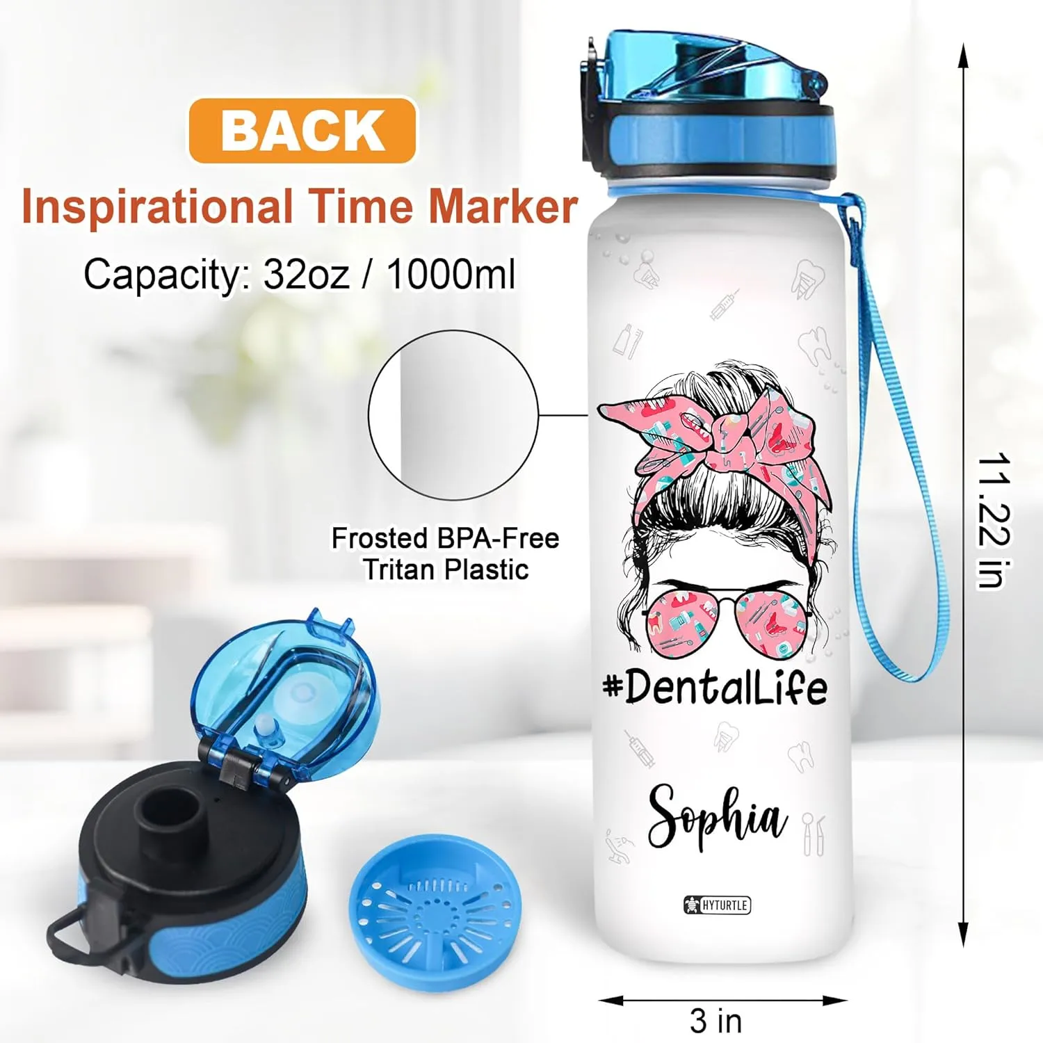 Hyturtle Personalized Dental Life Water Bottle - 32oz Motivational Water Bottle with Leak-Proof Lid Time Marker - Custom Name Gift for Dentists, Dental Assistants Dental Students On Birthday Christmas