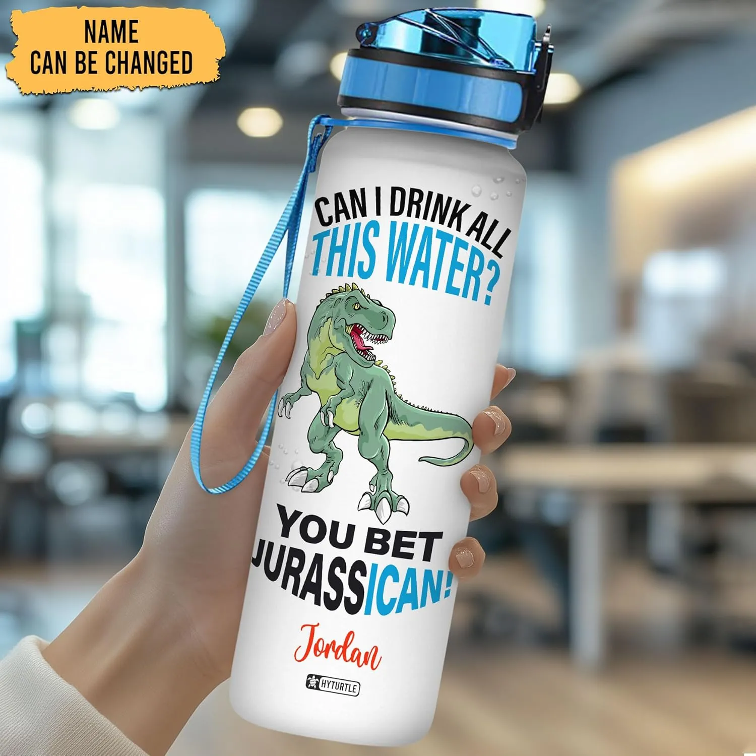 Hyturtle Personalized Dinosaur Water Bottle - 32oz Motivational Water Bottle with Leak-Proof Lid & Time Marker - Custom Name Gift for Jurassic Lovers, T-Rex Fans, Boys - Birthday & Christmas Gift