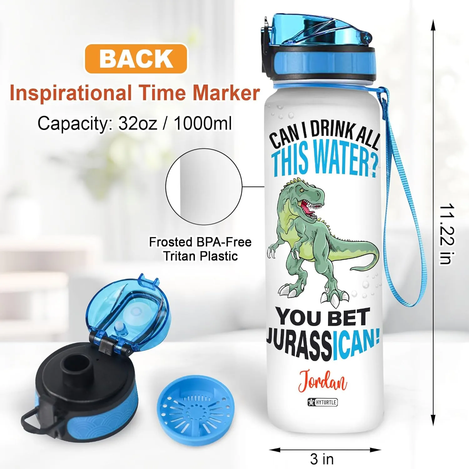 Hyturtle Personalized Dinosaur Water Bottle - 32oz Motivational Water Bottle with Leak-Proof Lid & Time Marker - Custom Name Gift for Jurassic Lovers, T-Rex Fans, Boys - Birthday & Christmas Gift