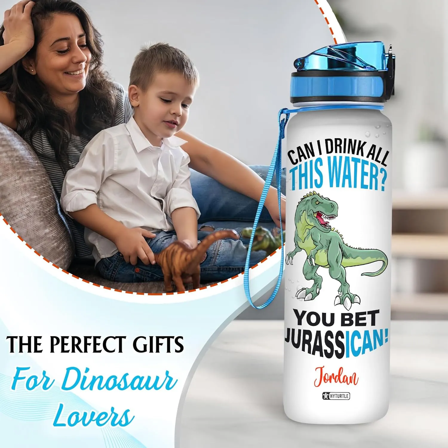 Hyturtle Personalized Dinosaur Water Bottle - 32oz Motivational Water Bottle with Leak-Proof Lid & Time Marker - Custom Name Gift for Jurassic Lovers, T-Rex Fans, Boys - Birthday & Christmas Gift