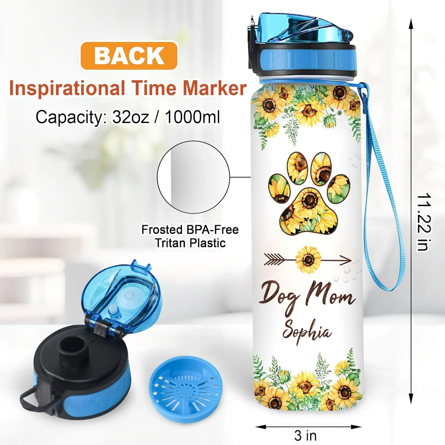 Hyturtle Personalized Dog Mom Water Bottle - 32oz Motivational Water Bottle with Leak-Proof Lid Time Marker - Custom Name Gift for Women Dog Lovers Sunflower Lovers On Birthday Mother's Day Christmas