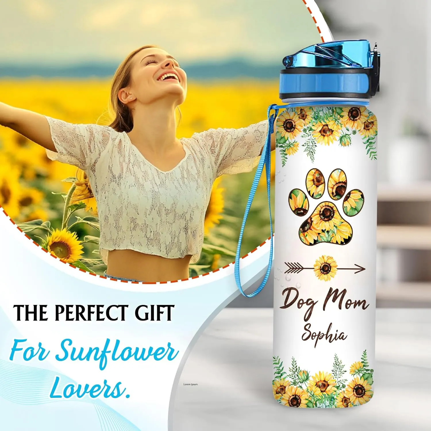 Hyturtle Personalized Dog Mom Water Bottle - 32oz Motivational Water Bottle with Leak-Proof Lid Time Marker - Custom Name Gift for Women Dog Lovers Sunflower Lovers On Birthday Mother's Day Christmas