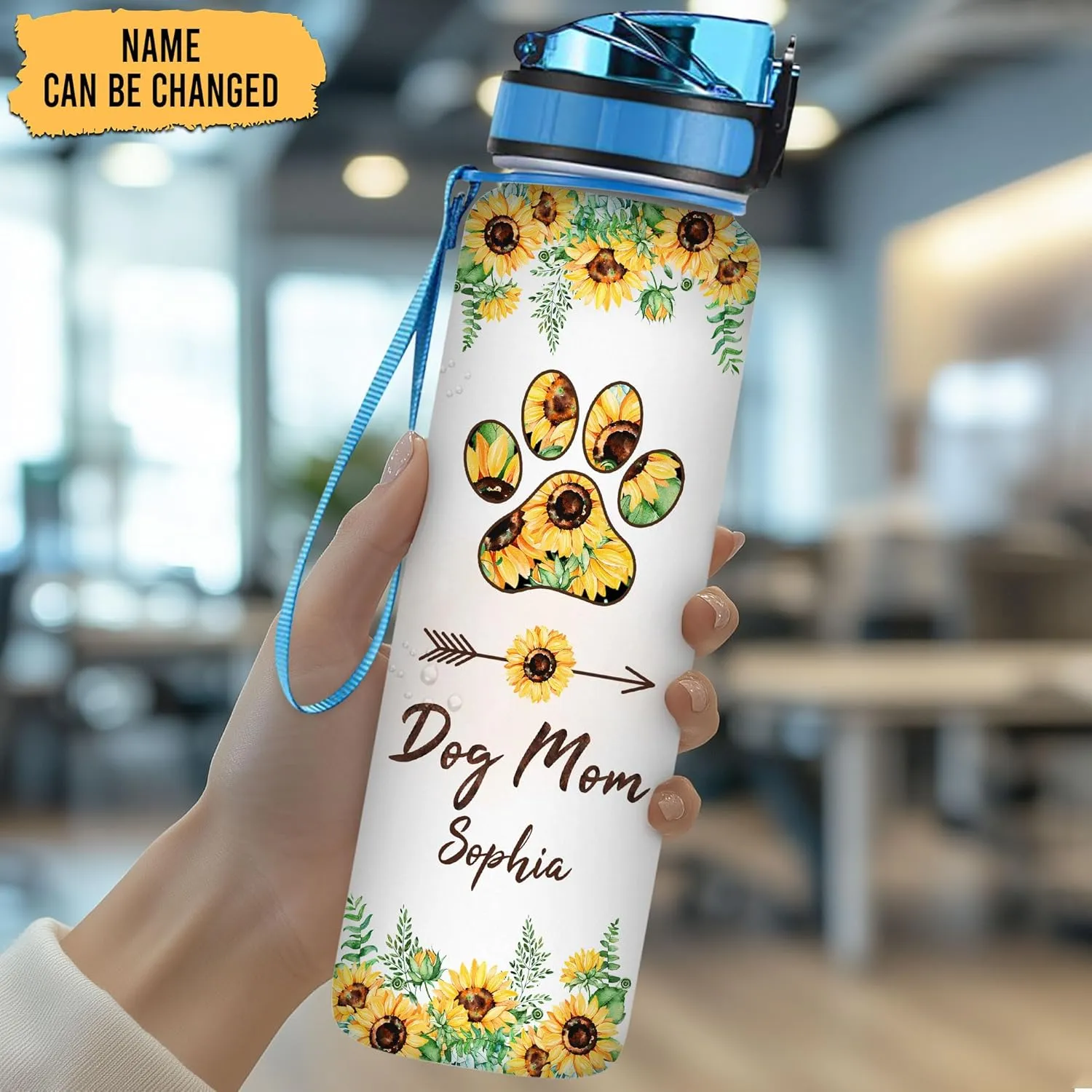 Hyturtle Personalized Dog Mom Water Bottle - 32oz Motivational Water Bottle with Leak-Proof Lid Time Marker - Custom Name Gift for Women Dog Lovers Sunflower Lovers On Birthday Mother's Day Christmas