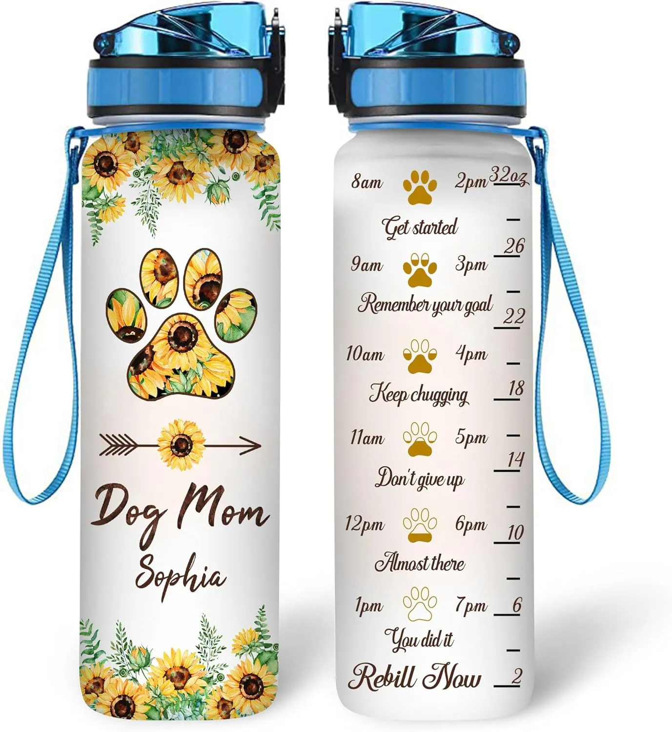Hyturtle Personalized Dog Mom Water Bottle - 32oz Motivational Water Bottle with Leak-Proof Lid Time Marker - Custom Name Gift for Women Dog Lovers Sunflower Lovers On Birthday Mother's Day Christmas