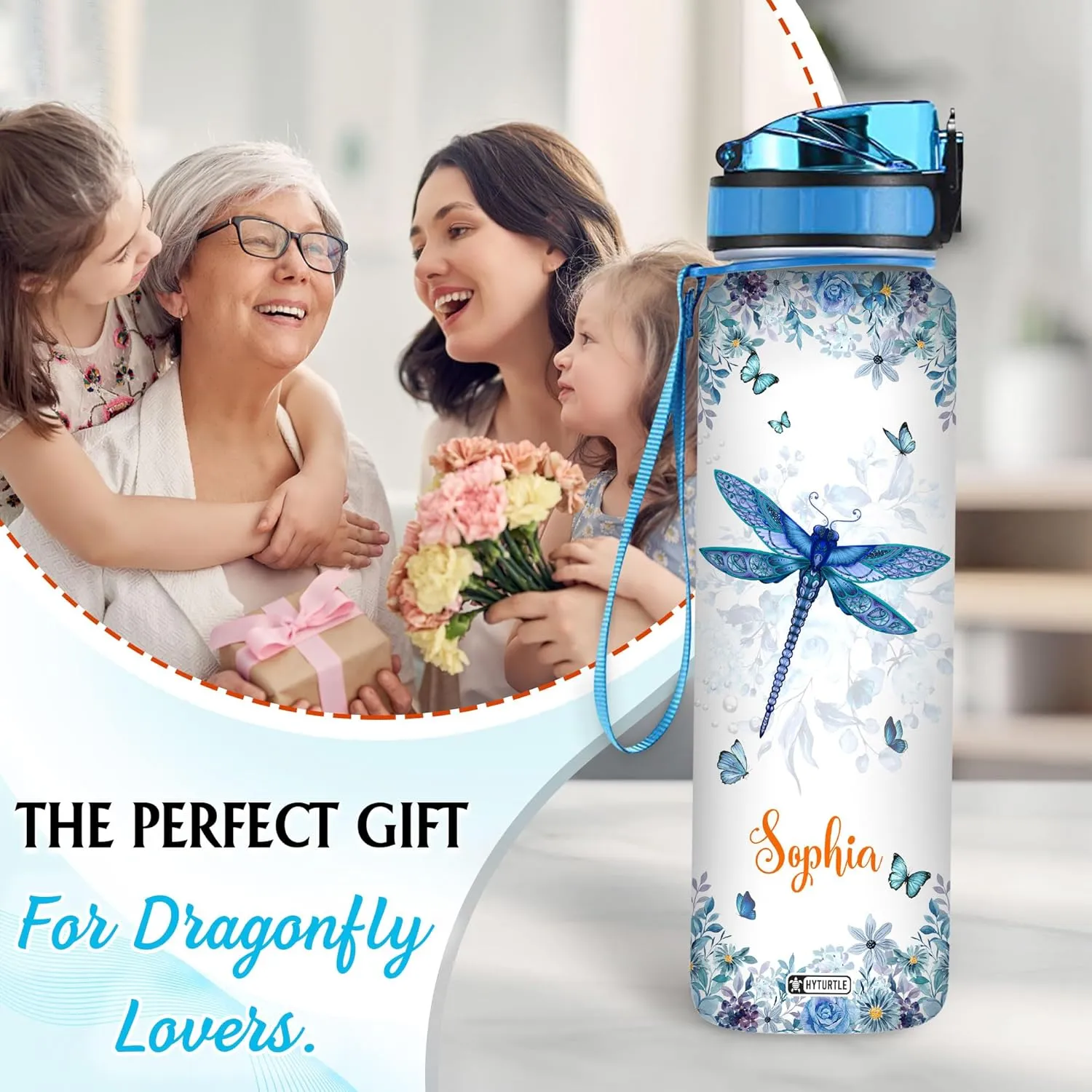 Hyturtle Personalized Dragonfly Water Bottle - 32oz Inspirational Motivational Water Bottle with Leak-Proof Lid, Time Marker - Custom Name Gift for Women, Girls, Dragonfly Lovers On Birthday Christmas